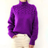 Women's Turtleneck Knit Sweater with Cable Knit Detail and Long Sleeves