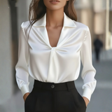 Satin Blouse with Twist Front and Collared Neckline