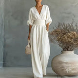 Wide-Leg Jumpsuit with V-Neck and Wrap Waist