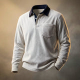 Ribbed Long Sleeve Polo Shirt with Button Front and Chest Pocket