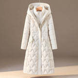 Long Hooded Puffer Coat with Quilted Pattern and Cinched Waist
