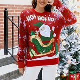 Christmas Sweater for Women with Santa Claus Sleigh Graphic Snowflake Pattern Crew Neck and Long Sleeves