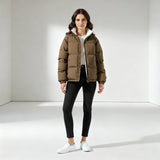Fleece-Lined Puffer Jacket with Zip Front and Stand Collar