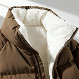 Fleece-Lined Puffer Jacket with Zip Front and Stand Collar