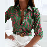 Button-Up Blouse with Geometric Print and Roll Up Sleeve