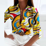 Button-Up Blouse with Geometric Print and Roll Up Sleeve