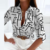 Button-Up Blouse with Geometric Print and Roll Up Sleeve
