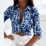 Button-Up Blouse with Geometric Print and Roll Up Sleeve