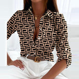 Button-Up Blouse with Geometric Print and Roll Up Sleeve