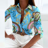 Button-Up Blouse with Geometric Print and Roll Up Sleeve