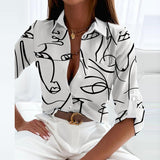 Button-Up Blouse with Geometric Print and Roll Up Sleeve
