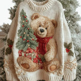 Christmas Sweater for Women with Teddy Bear Design and Ribbed Crew Neck