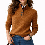 Women's Cable Knit Pullover Sweater with Three Button Stand Collar and Ribbed Cuffs for Office Wear