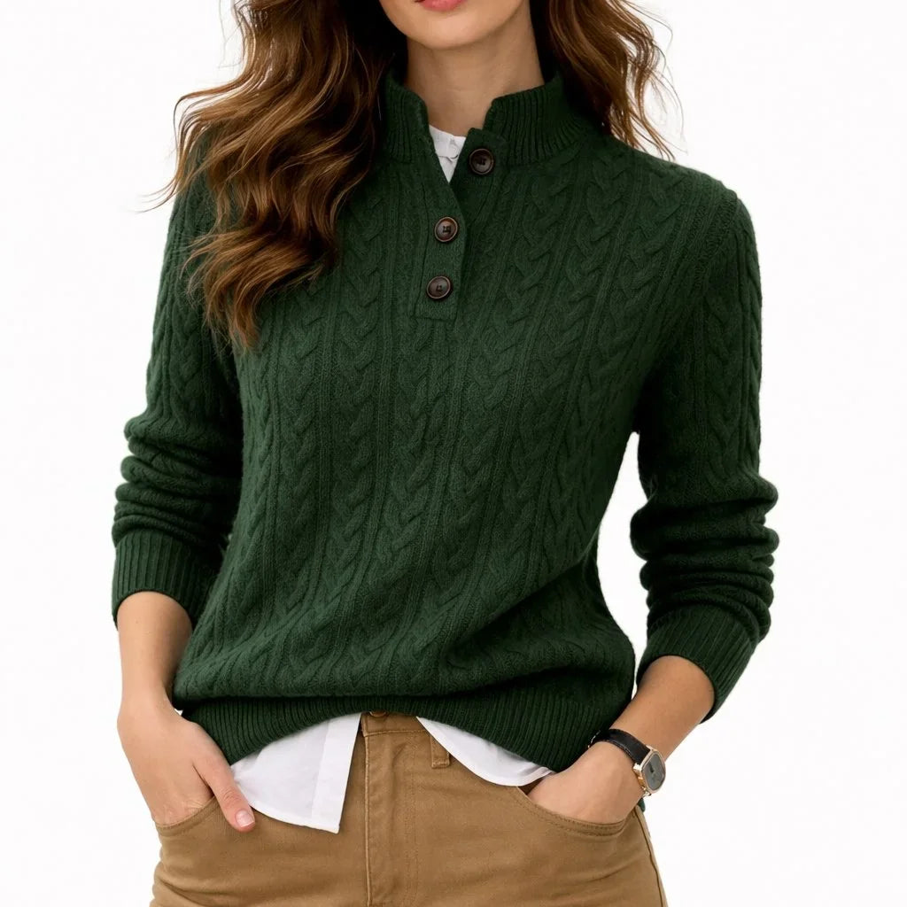 Women's Cable Knit Pullover Sweater with Three Button Stand Collar and Ribbed Cuffs for Office Wear