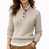 Women's Cable Knit Pullover Sweater with Three Button Stand Collar and Ribbed Cuffs for Office Wear
