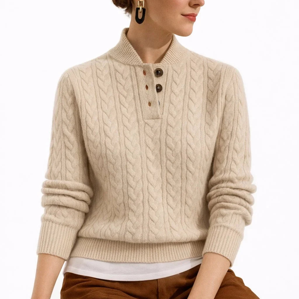 Women's Cable Knit Pullover Sweater with Three Button Stand Collar and Ribbed Cuffs for Office Wear