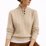 Women's Cable Knit Pullover Sweater with Three Button Stand Collar and Ribbed Cuffs for Office Wear