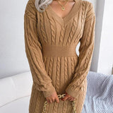 Cable Knit Mini Dress with V-Neck and Ribbed Waist