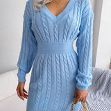 Cable Knit Mini Dress with V-Neck and Ribbed Waist