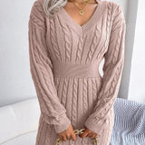 Cable Knit Mini Dress with V-Neck and Ribbed Waist