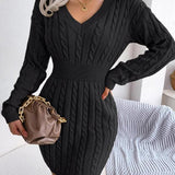 Cable Knit Mini Dress with V-Neck and Ribbed Waist