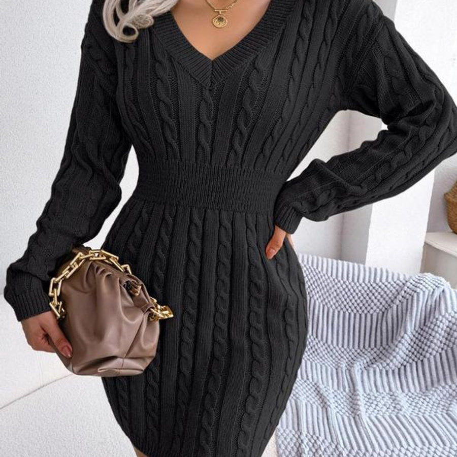 Cable Knit Mini Dress with V-Neck and Ribbed Waist