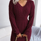 Cable Knit Mini Dress with V-Neck and Ribbed Waist