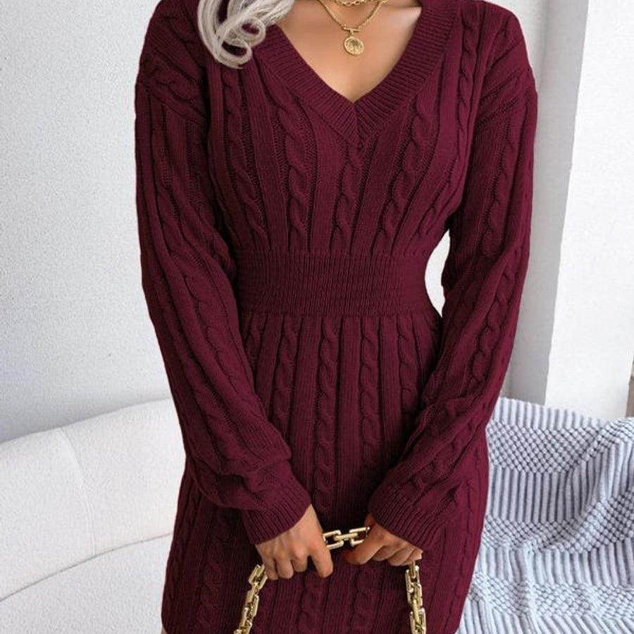 Cable Knit Mini Dress with V-Neck and Ribbed Waist