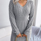 Cable Knit Mini Dress with V-Neck and Ribbed Waist