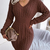 Cable Knit Mini Dress with V-Neck and Ribbed Waist