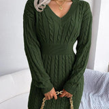 Cable Knit Mini Dress with V-Neck and Ribbed Waist
