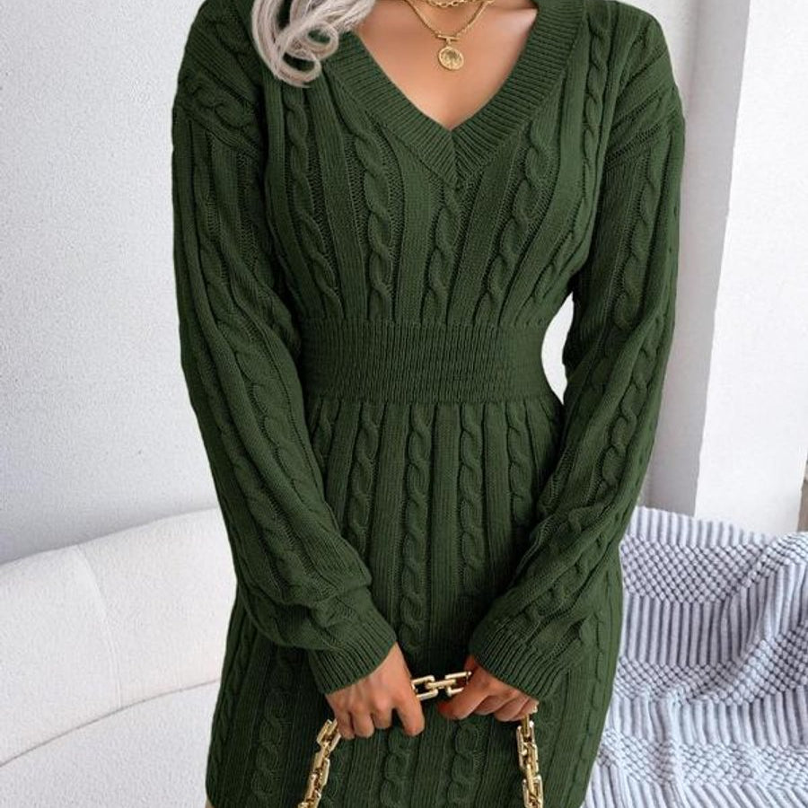 Cable Knit Mini Dress with V-Neck and Ribbed Waist