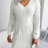 Cable Knit Mini Dress with V-Neck and Ribbed Waist