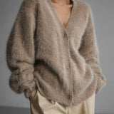 Fuzzy Oversized Button-Front Cardigan with V-Neck