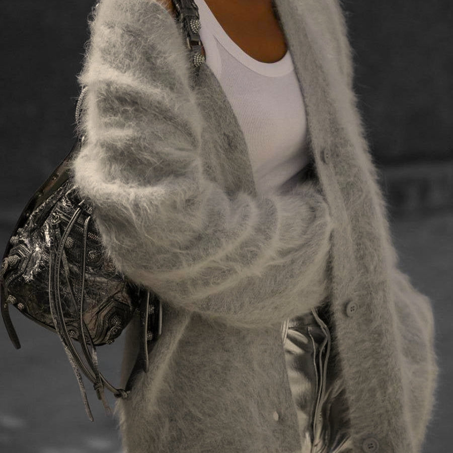 Fuzzy Oversized Button-Front Cardigan with V-Neck
