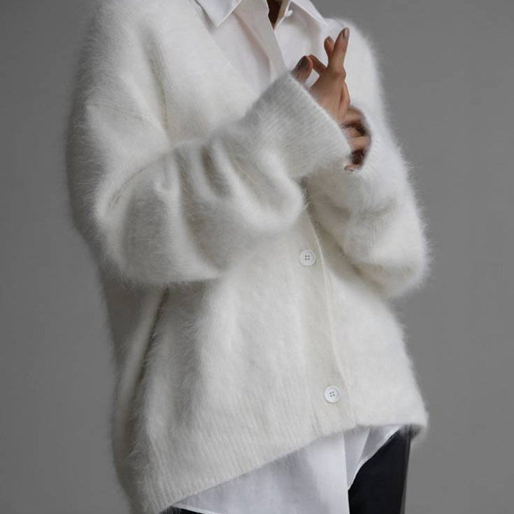 Fuzzy Oversized Button-Front Cardigan with V-Neck