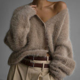 Fuzzy Oversized Button-Front Cardigan with V-Neck