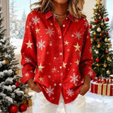 Women's Christmas Button-Down Shirt – Snowflake and Star Print Long Sleeve Blouse for Holiday Parties