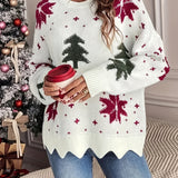 Christmas Sweater for Women with Christmas Tree Pattern and Scalloped Hem