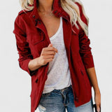 Snap-Button Jacket with Flap Pockets and Stand Collar