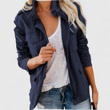 Snap-Button Jacket with Flap Pockets and Stand Collar