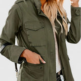 Snap-Button Jacket with Flap Pockets and Stand Collar