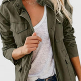 Snap-Button Jacket with Flap Pockets and Stand Collar