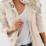 Snap-Button Jacket with Flap Pockets and Stand Collar