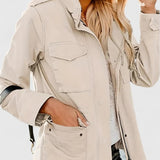 Snap-Button Jacket with Flap Pockets and Stand Collar