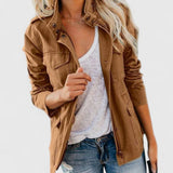 Snap-Button Jacket with Flap Pockets and Stand Collar