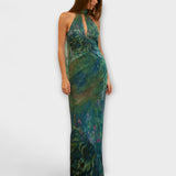 Halter Neck Floral Cut-Out Maxi Dress