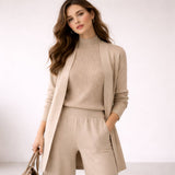 Ribbed Knit Three-Piece Set with Wide-Leg Pants