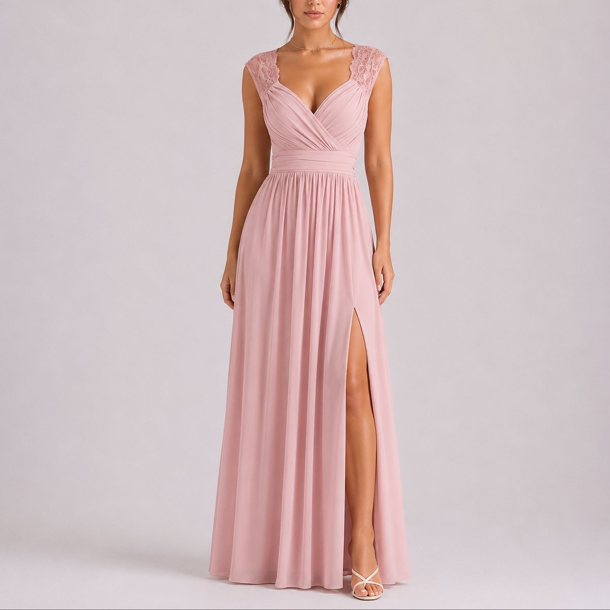 A-Line Maxi Dress with Lace Straps and Thigh Slit