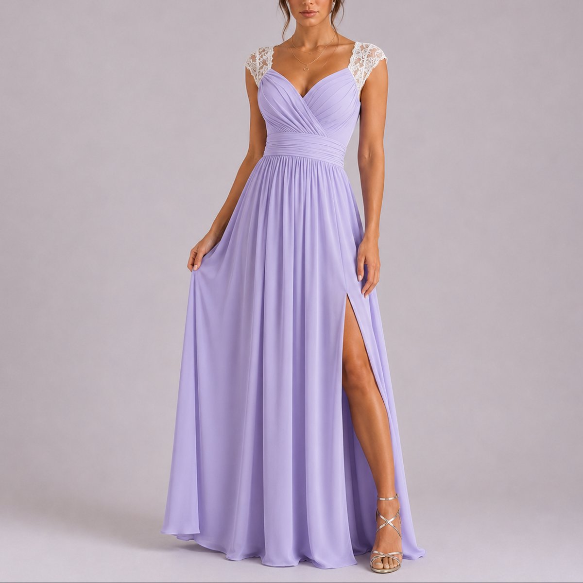 A-Line Maxi Dress with Lace Straps and Thigh Slit